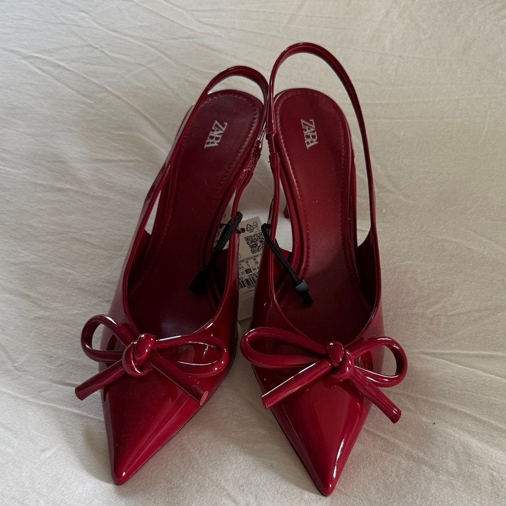 Zara Burgundy Patent Slingback Pointed-Toe Pumps with Bow